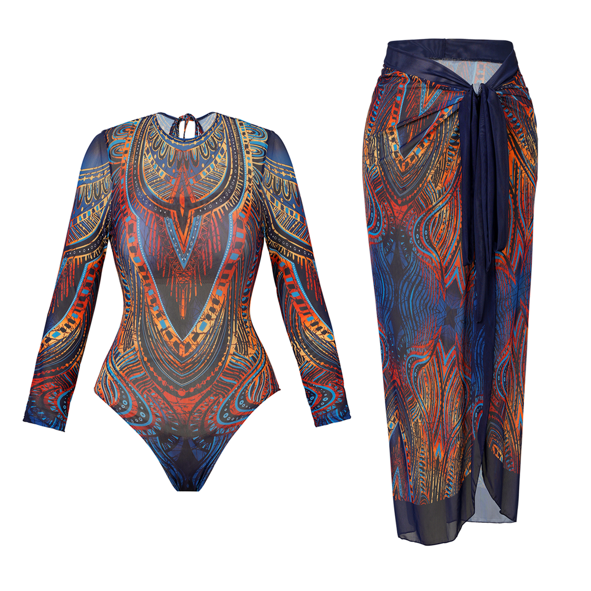 "Echo of the ocean" Long sleeve swimsuit + Sarong set