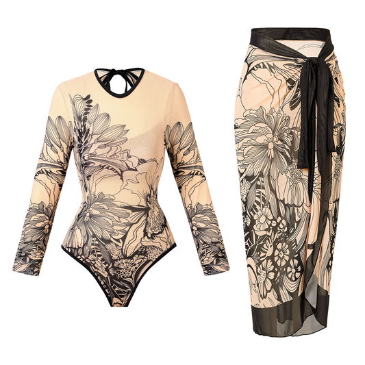 "Nude flora" Long sleeve swimsuit + Sarong set