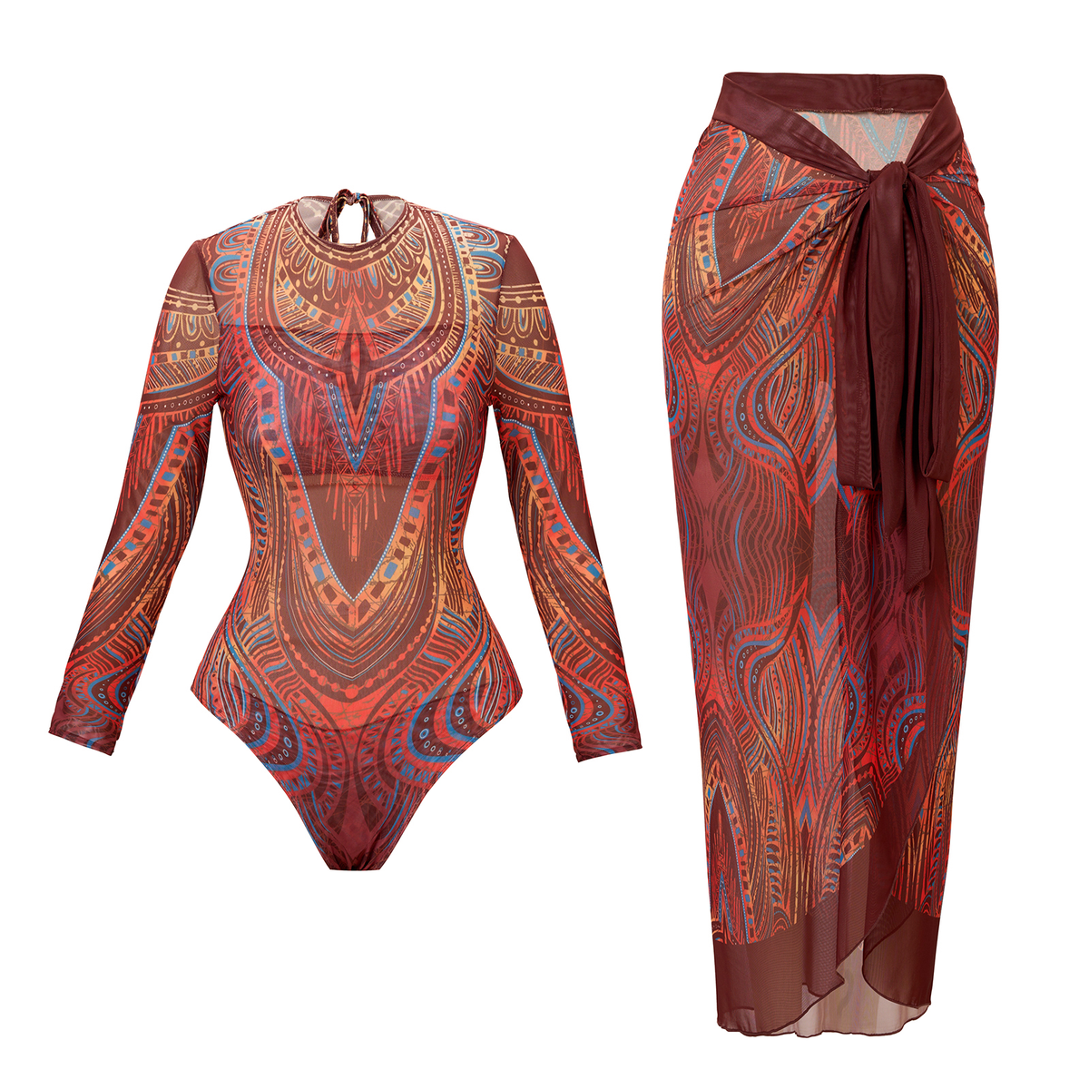 "Tribal sunset" Long sleeve swimsuit + Sarong set